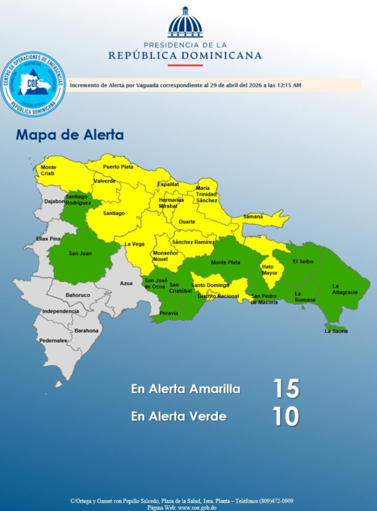 Gran Santo Domingo y 13 provincias en alerta amarilla; 10 en verde por vaguada