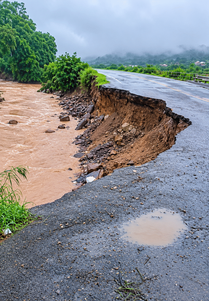 Carretera derrumbada junto al río crecido